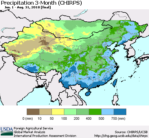 China, Mongolia and Taiwan Precipitation 3-Month (CHIRPS) Thematic Map For 6/1/2018 - 8/31/2018