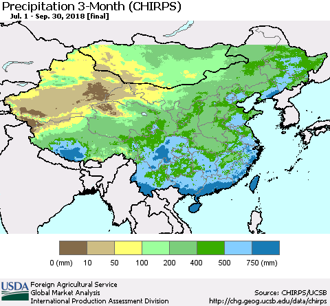China, Mongolia and Taiwan Precipitation 3-Month (CHIRPS) Thematic Map For 7/1/2018 - 9/30/2018