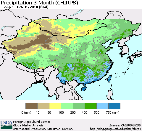 China, Mongolia and Taiwan Precipitation 3-Month (CHIRPS) Thematic Map For 8/1/2018 - 10/31/2018