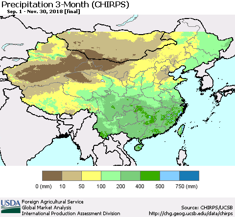 China and Taiwan Precipitation 3-Month (CHIRPS) Thematic Map For 9/1/2018 - 11/30/2018