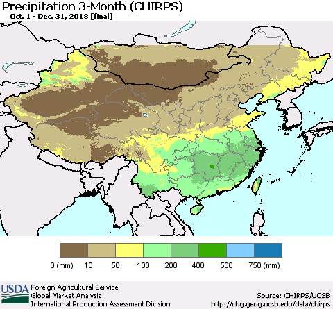 China and Taiwan Precipitation 3-Month (CHIRPS) Thematic Map For 10/1/2018 - 12/31/2018