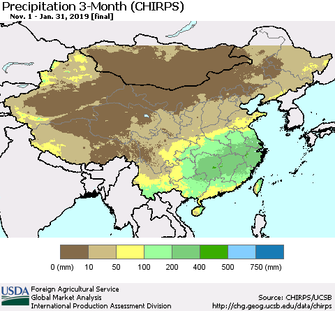 China and Taiwan Precipitation 3-Month (CHIRPS) Thematic Map For 11/1/2018 - 1/31/2019