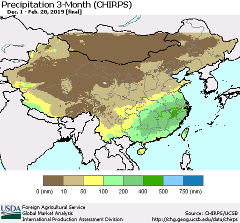 China and Taiwan Precipitation 3-Month (CHIRPS) Thematic Map For 12/1/2018 - 2/28/2019