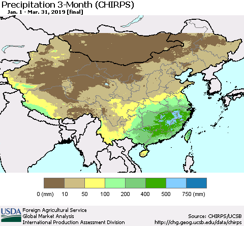 China, Mongolia and Taiwan Precipitation 3-Month (CHIRPS) Thematic Map For 1/1/2019 - 3/31/2019