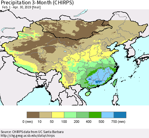 China and Taiwan Precipitation 3-Month (CHIRPS) Thematic Map For 2/1/2019 - 4/30/2019