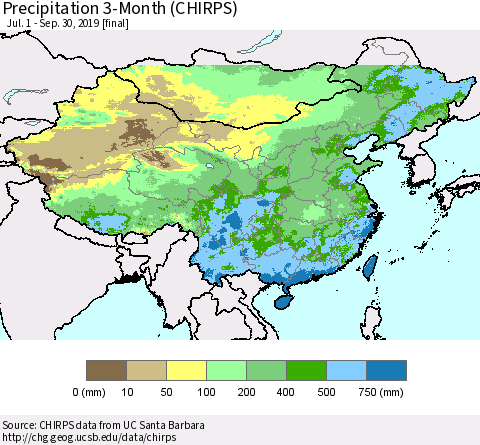 China and Taiwan Precipitation 3-Month (CHIRPS) Thematic Map For 7/1/2019 - 9/30/2019