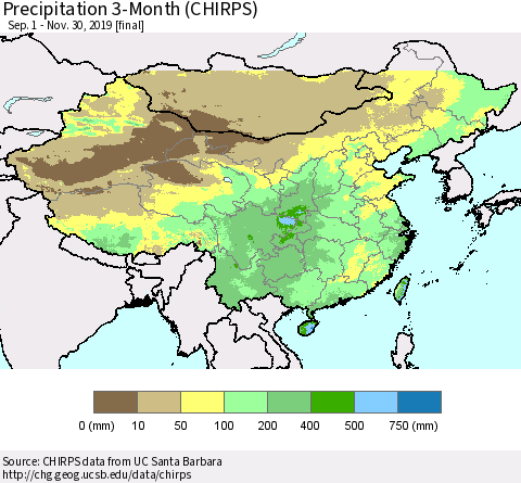 China and Taiwan Precipitation 3-Month (CHIRPS) Thematic Map For 9/1/2019 - 11/30/2019