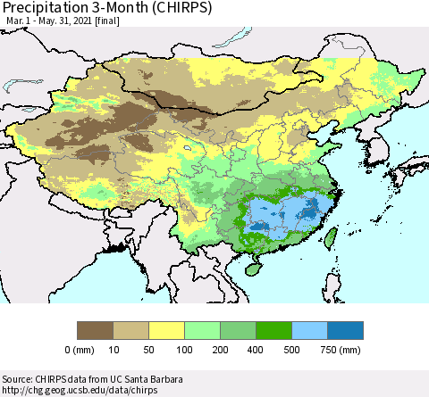 China and Taiwan Precipitation 3-Month (CHIRPS) Thematic Map For 3/1/2021 - 5/31/2021