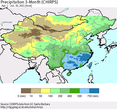 China and Taiwan Precipitation 3-Month (CHIRPS) Thematic Map For 4/1/2021 - 6/30/2021