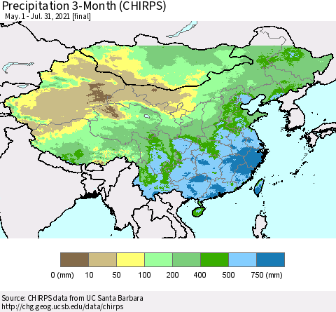 China and Taiwan Precipitation 3-Month (CHIRPS) Thematic Map For 5/1/2021 - 7/31/2021