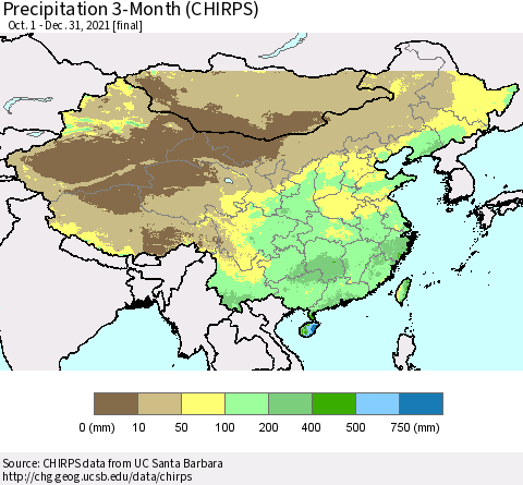 China and Taiwan Precipitation 3-Month (CHIRPS) Thematic Map For 10/1/2021 - 12/31/2021