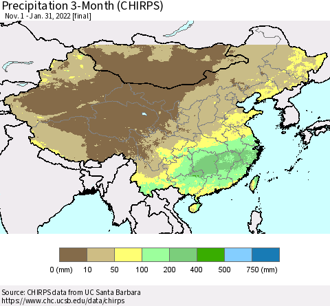 China and Taiwan Precipitation 3-Month (CHIRPS) Thematic Map For 11/1/2021 - 1/31/2022