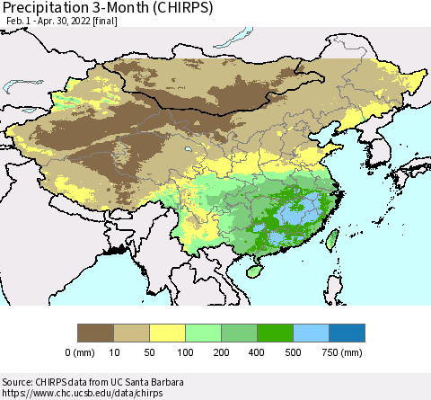 China and Taiwan Precipitation 3-Month (CHIRPS) Thematic Map For 2/1/2022 - 4/30/2022