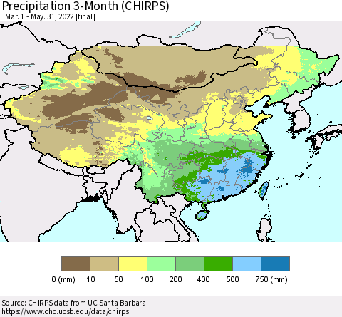China and Taiwan Precipitation 3-Month (CHIRPS) Thematic Map For 3/1/2022 - 5/31/2022