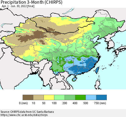 China and Taiwan Precipitation 3-Month (CHIRPS) Thematic Map For 4/1/2022 - 6/30/2022