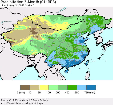 China and Taiwan Precipitation 3-Month (CHIRPS) Thematic Map For 6/1/2022 - 8/31/2022