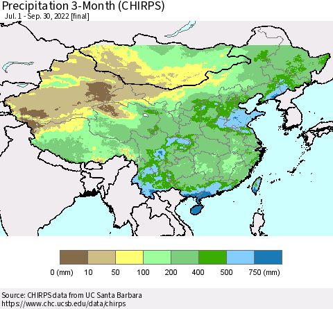China and Taiwan Precipitation 3-Month (CHIRPS) Thematic Map For 7/1/2022 - 9/30/2022
