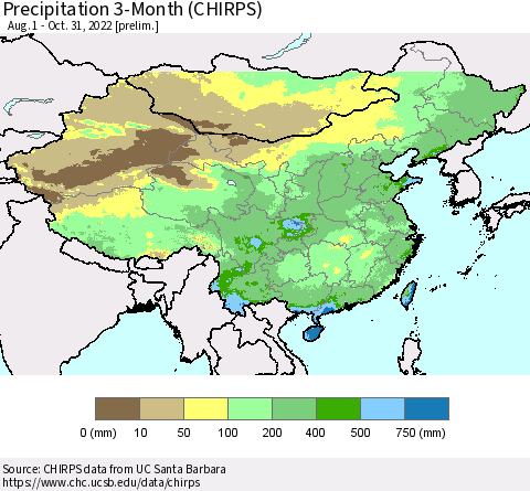 China, Mongolia and Taiwan Precipitation 3-Month (CHIRPS) Thematic Map For 8/1/2022 - 10/31/2022