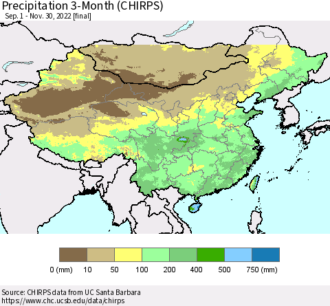 China and Taiwan Precipitation 3-Month (CHIRPS) Thematic Map For 9/1/2022 - 11/30/2022