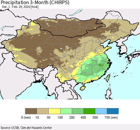 China, Mongolia and Taiwan Precipitation 3-Month (CHIRPS) Thematic Map For 12/1/2023 - 2/29/2024
