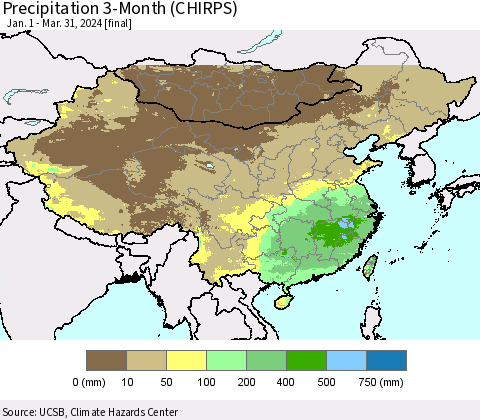 China, Mongolia and Taiwan Precipitation 3-Month (CHIRPS) Thematic Map For 1/1/2024 - 3/31/2024