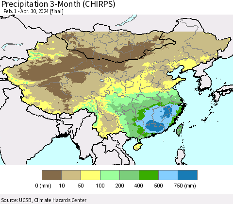 China, Mongolia and Taiwan Precipitation 3-Month (CHIRPS) Thematic Map For 2/1/2024 - 4/30/2024