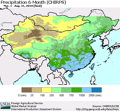 China, Mongolia and Taiwan Precipitation 6-Month (CHIRPS) Thematic Map For 3/1/2018 - 8/31/2018