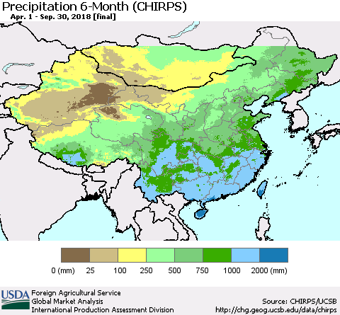China, Mongolia and Taiwan Precipitation 6-Month (CHIRPS) Thematic Map For 4/1/2018 - 9/30/2018
