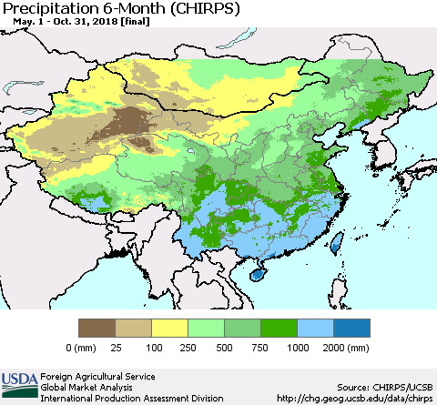 China, Mongolia and Taiwan Precipitation 6-Month (CHIRPS) Thematic Map For 5/1/2018 - 10/31/2018