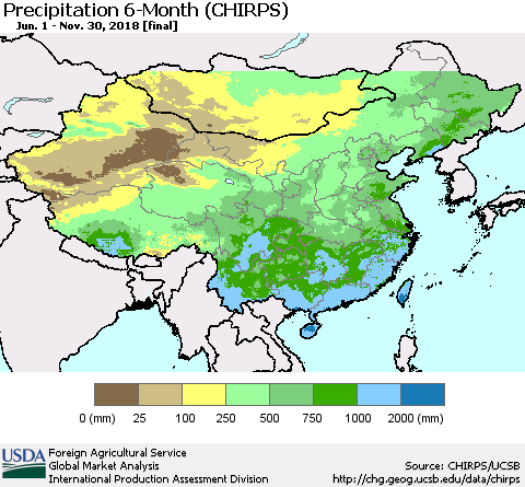 China, Mongolia and Taiwan Precipitation 6-Month (CHIRPS) Thematic Map For 6/1/2018 - 11/30/2018