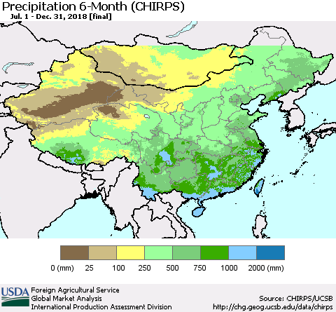 China, Mongolia and Taiwan Precipitation 6-Month (CHIRPS) Thematic Map For 7/1/2018 - 12/31/2018