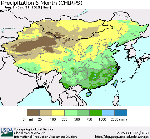 China, Mongolia and Taiwan Precipitation 6-Month (CHIRPS) Thematic Map For 8/1/2018 - 1/31/2019