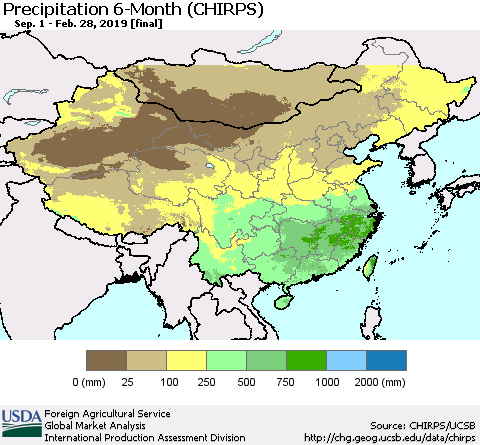 China and Taiwan Precipitation 6-Month (CHIRPS) Thematic Map For 9/1/2018 - 2/28/2019