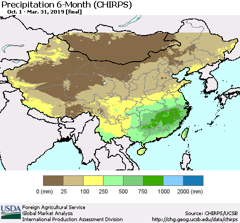 China and Taiwan Precipitation 6-Month (CHIRPS) Thematic Map For 10/1/2018 - 3/31/2019