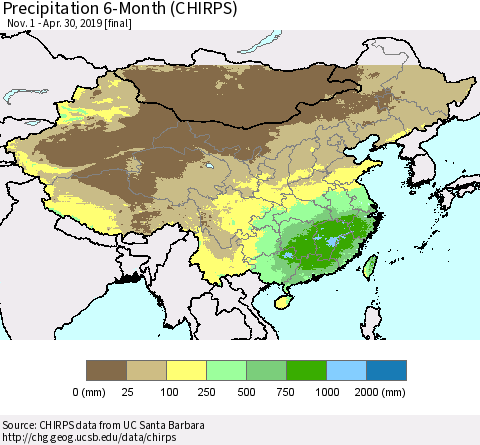 China and Taiwan Precipitation 6-Month (CHIRPS) Thematic Map For 11/1/2018 - 4/30/2019