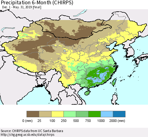 China and Taiwan Precipitation 6-Month (CHIRPS) Thematic Map For 12/1/2018 - 5/31/2019