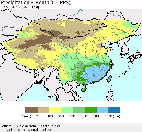 China and Taiwan Precipitation 6-Month (CHIRPS) Thematic Map For 1/1/2019 - 6/30/2019