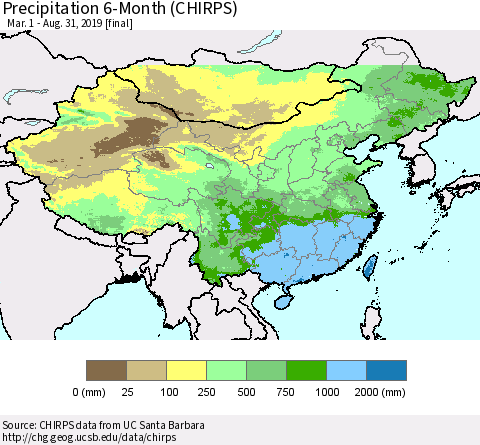 China and Taiwan Precipitation 6-Month (CHIRPS) Thematic Map For 3/1/2019 - 8/31/2019