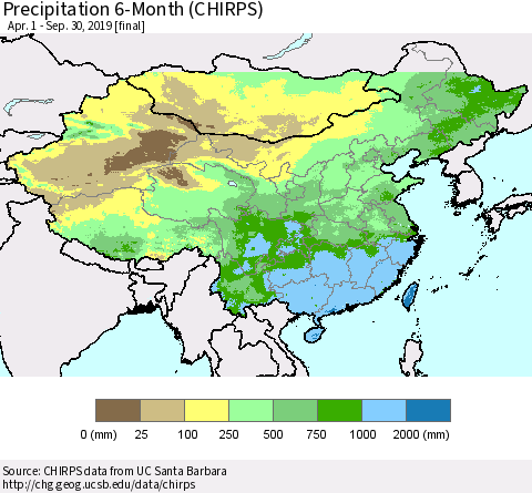 China and Taiwan Precipitation 6-Month (CHIRPS) Thematic Map For 4/1/2019 - 9/30/2019