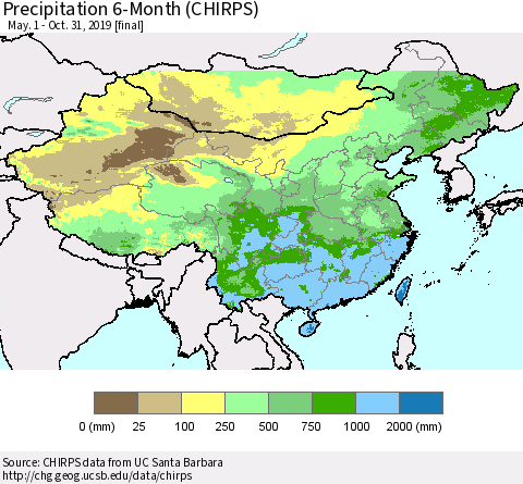 China and Taiwan Precipitation 6-Month (CHIRPS) Thematic Map For 5/1/2019 - 10/31/2019