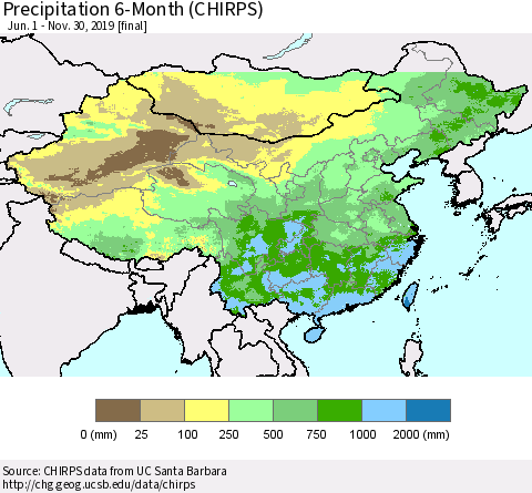 China and Taiwan Precipitation 6-Month (CHIRPS) Thematic Map For 6/1/2019 - 11/30/2019