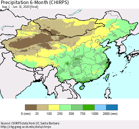 China and Taiwan Precipitation 6-Month (CHIRPS) Thematic Map For 8/1/2019 - 1/31/2020