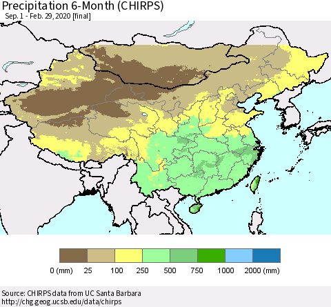 China, Mongolia and Taiwan Precipitation 6-Month (CHIRPS) Thematic Map For 9/1/2019 - 2/29/2020