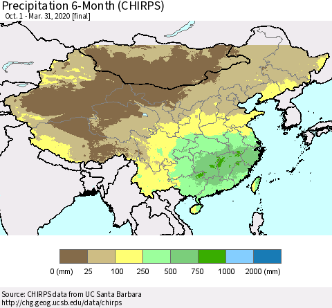 China and Taiwan Precipitation 6-Month (CHIRPS) Thematic Map For 10/1/2019 - 3/31/2020