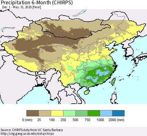 China, Mongolia and Taiwan Precipitation 6-Month (CHIRPS) Thematic Map For 12/1/2019 - 5/31/2020