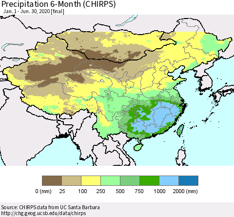 China, Mongolia and Taiwan Precipitation 6-Month (CHIRPS) Thematic Map For 1/1/2020 - 6/30/2020