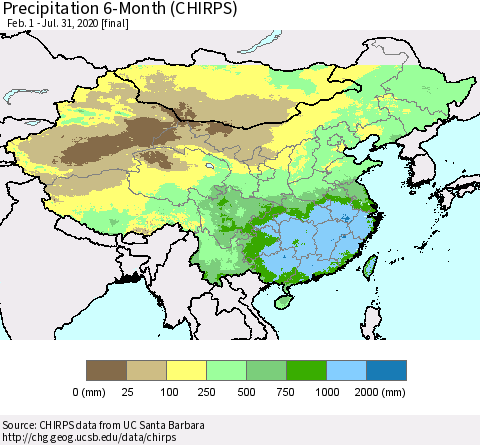 China and Taiwan Precipitation 6-Month (CHIRPS) Thematic Map For 2/1/2020 - 7/31/2020