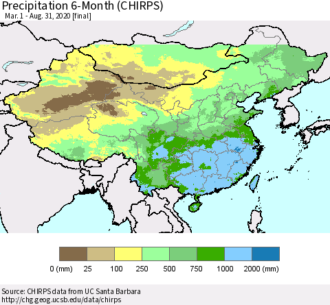 China, Mongolia and Taiwan Precipitation 6-Month (CHIRPS) Thematic Map For 3/1/2020 - 8/31/2020