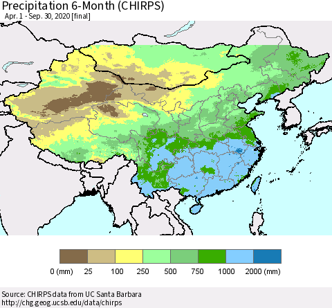 China and Taiwan Precipitation 6-Month (CHIRPS) Thematic Map For 4/1/2020 - 9/30/2020