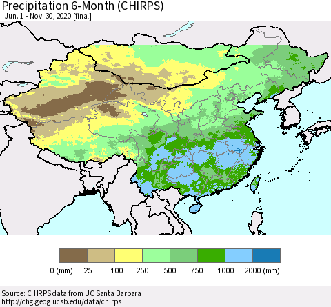 China, Mongolia and Taiwan Precipitation 6-Month (CHIRPS) Thematic Map For 6/1/2020 - 11/30/2020